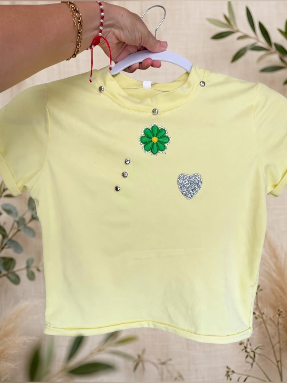 Yellow Embellished Crop Tee with Green Floral Patch